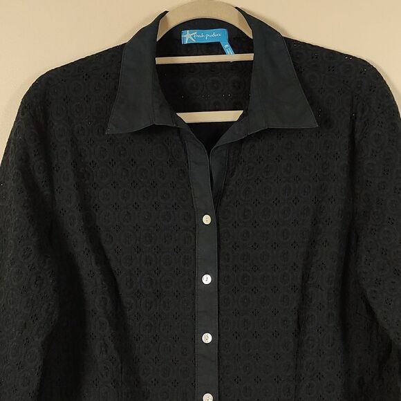 Fresh Produce Black Alseyel Eyelet Lace 3/4 Sleeve Button Front Blouse Top - Picture 8 of 13